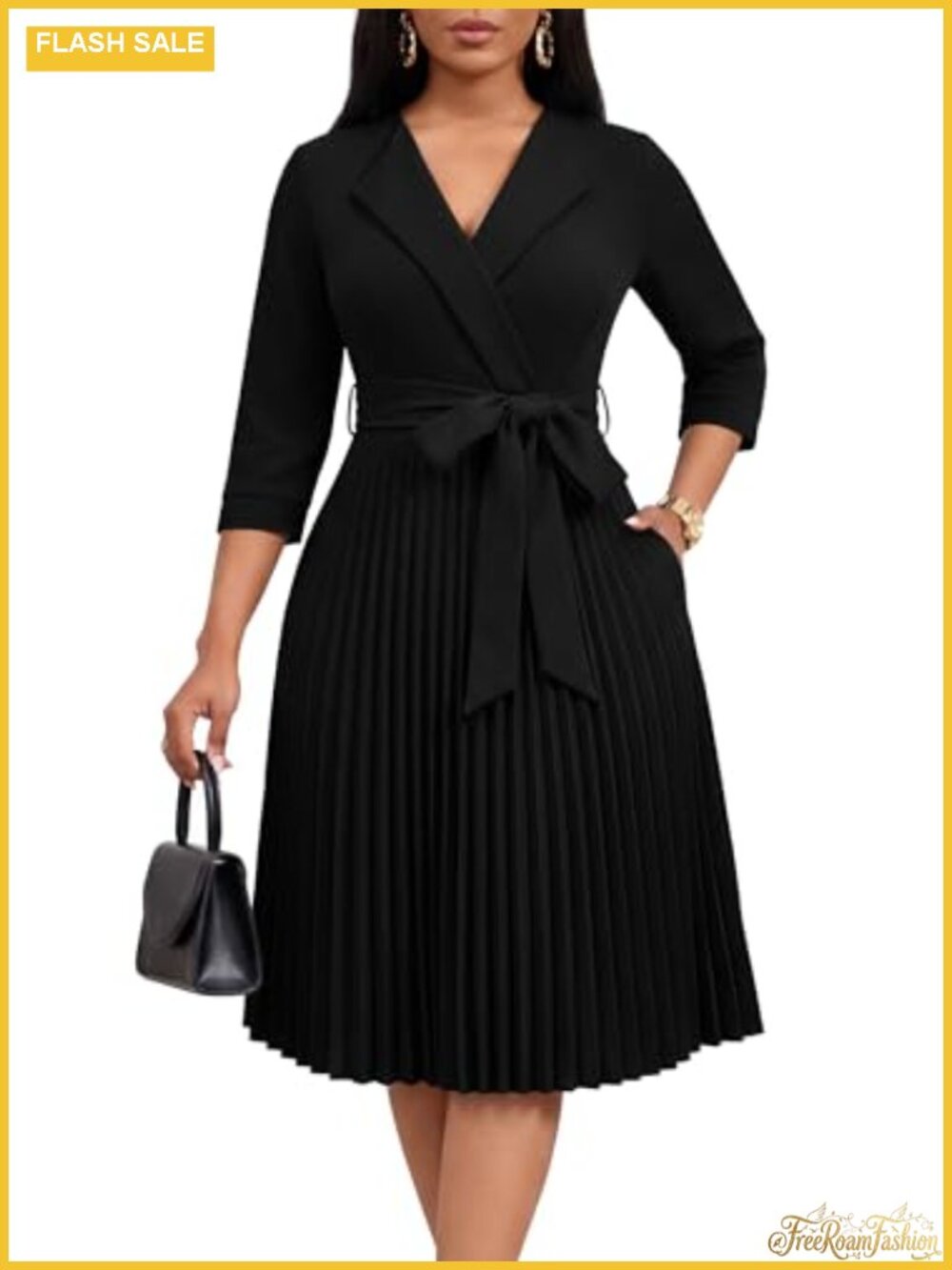 Pleated Midi Dress with Pockets V-Neck Tie Waist 3/4 Sleeves Sem-Formal